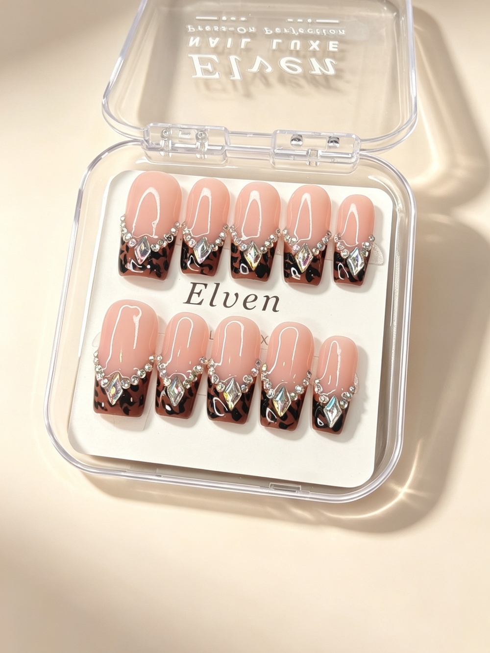 Nude Pink Press On Nails with Leopard Print French Tips & Crystals Medium Square